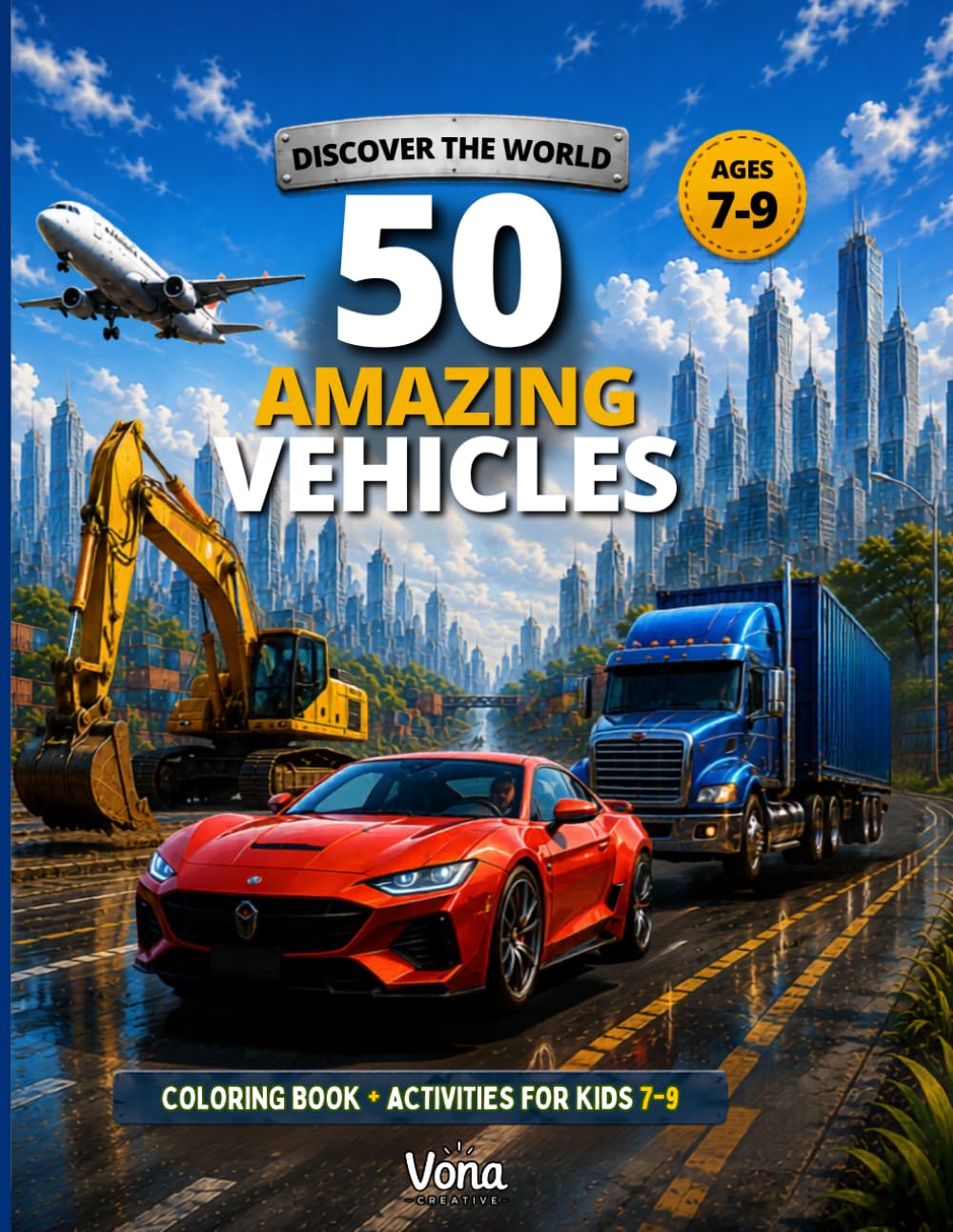 50 Amazing Vehicles: Coloring Pages + Fun Puzzles for Kids 7-9 (DISCOVER THE WORLD!)