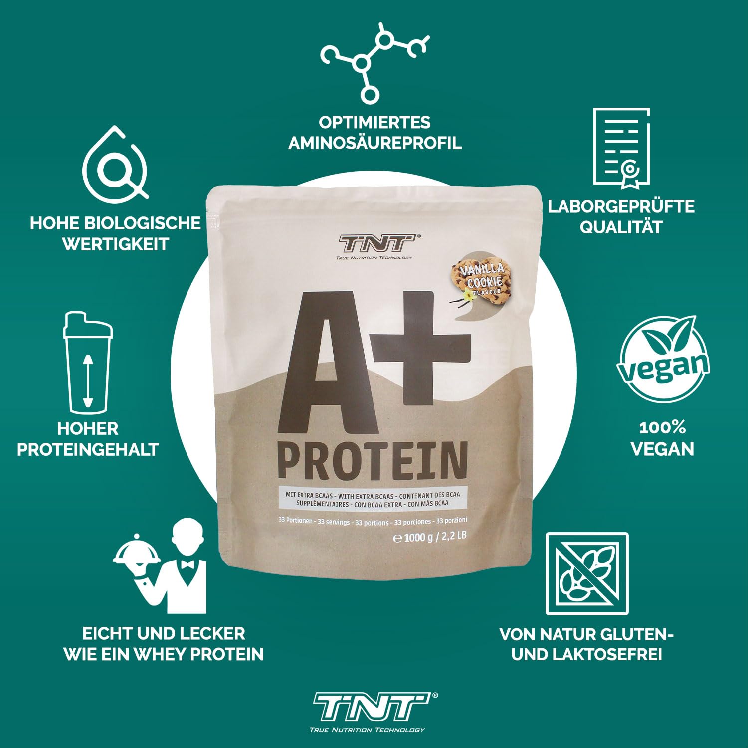 TNT A+ proszek białkowy wegański (1 kg) • wegański shake proteinowy • 33 porcje • 22,8 g białka na porcję • bogaty w BCAA + leucynę • roślinny proszek proteinowy • Made in Germany • Vanilla-Cookie