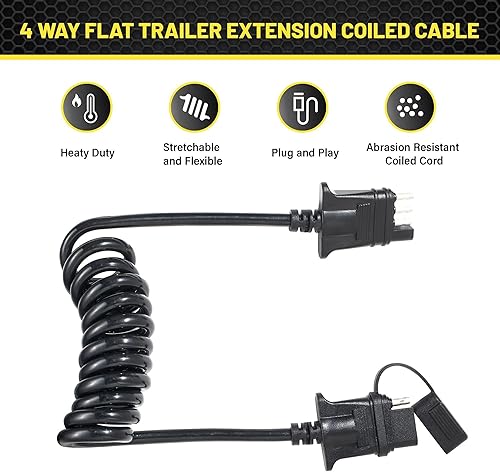 Miniatura 4 de Oyviny Cable de extensión de remolque plano de 4 vías, cable en espiral de 5 pies de 4 pines, arnés de cableado macho y hembra, 18 AWG 60 pulgadas,