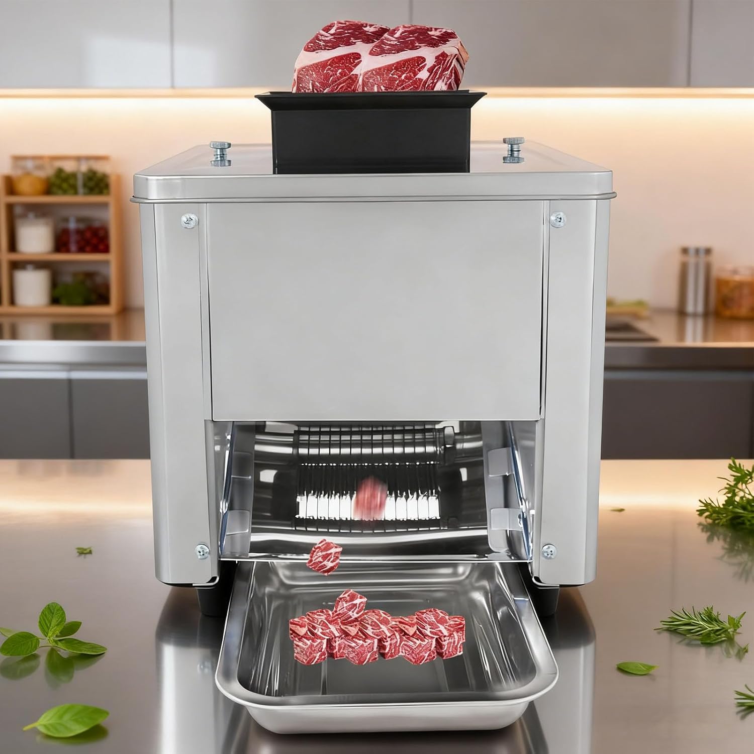 Commercial Meat Cutting Machine, 850W Automatic Electric Meat Cutter, 330Lb/H Stainless Steel Slices Strips Cubes Mince, for Boneless Meats for Home Restaurant Supermarket,15mm