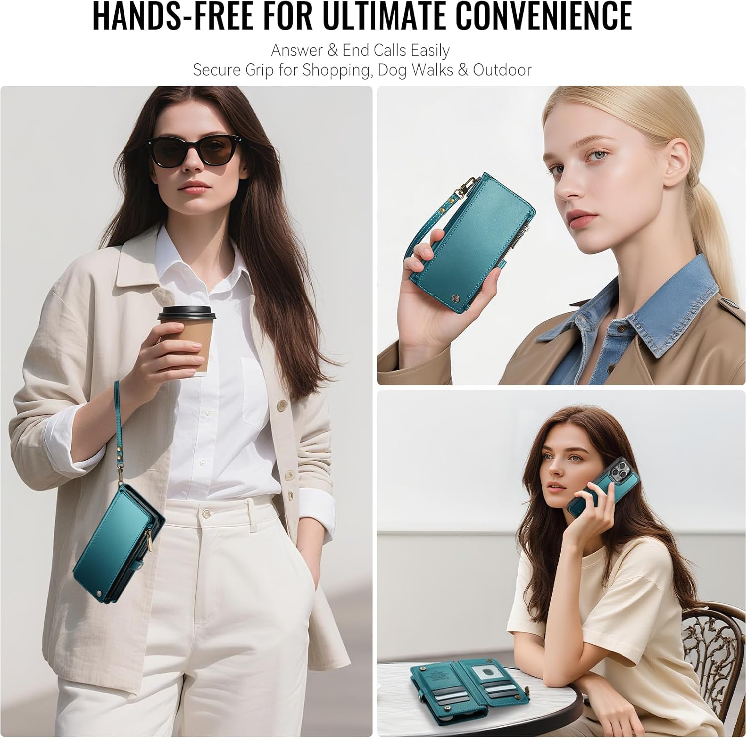 Defencase for iPhone 15 Pro Max Magnetic Wallet Case Compatible with Magsafe with RFID Blocking Zipper Strap Card Holder for Women, PU Leather Detachable Case for iPhone 15 Pro Max (6.7"), Blue Green - Image 6