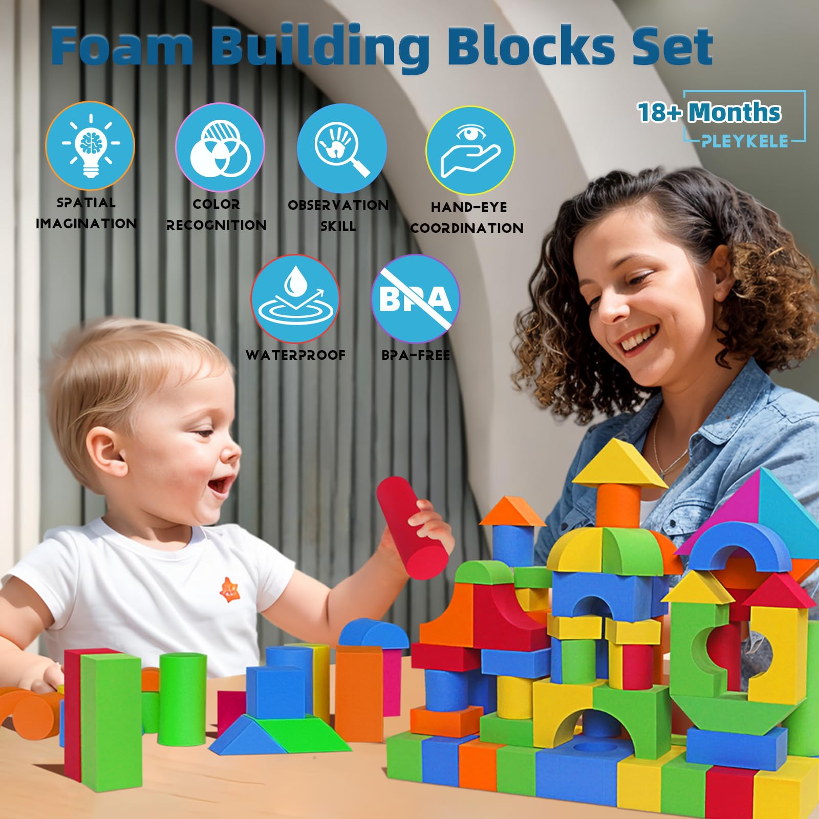 Pleykele Soft Building Blocks for Toddlers 2-4, 94PCS Foam Stacking Blocks, Bath Toys for Kids, Preschool Learning STEM Toys & Gifts for Boys & Girls 18+ Months