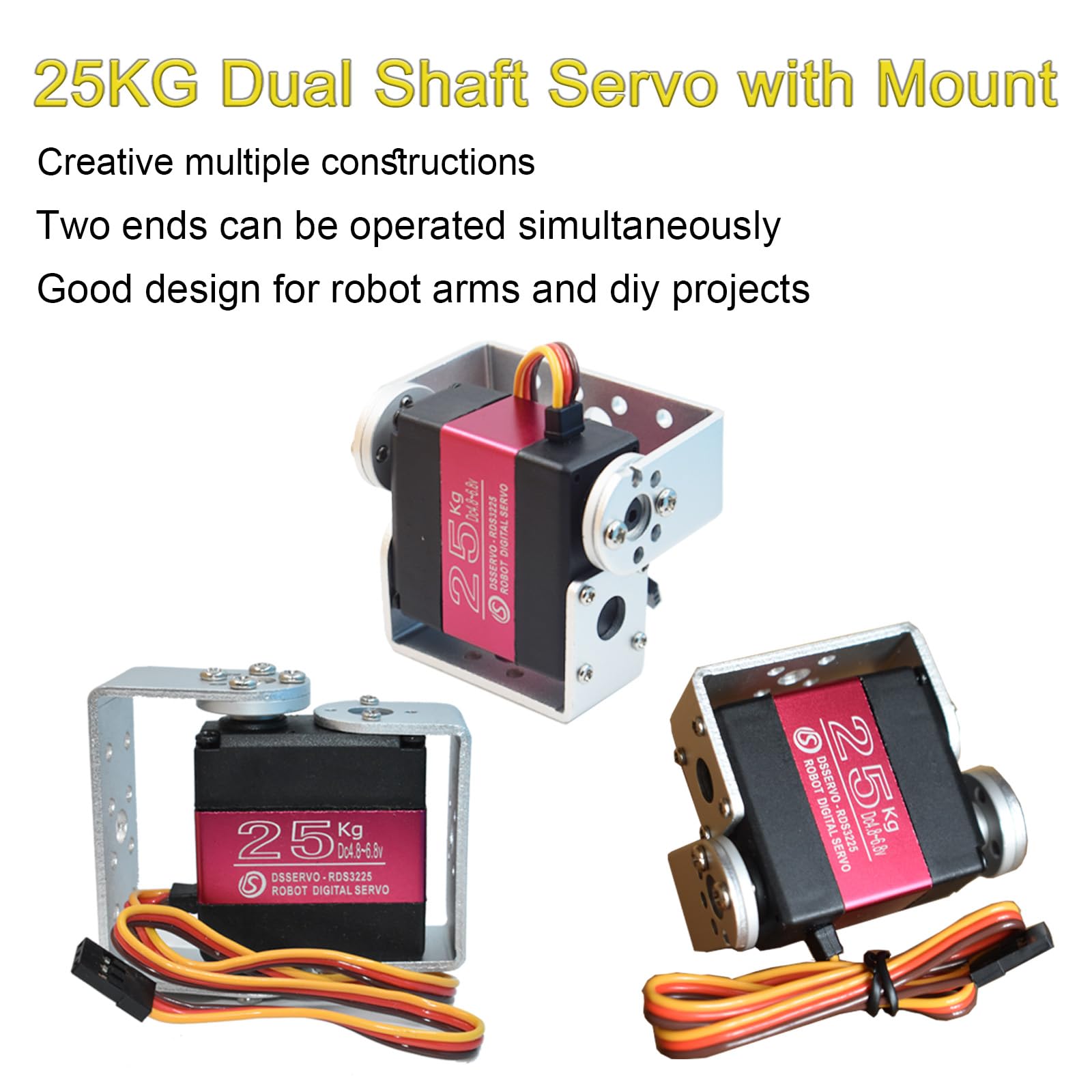 HiRCgo 2Pcs 25KG Digital RC Servo,RDS3225 Dual Shafts Full Metal Gear Steering Servos with U-Shape Mount Brackets for Robots Robotic Arms DIY Projects Control Angle 180°