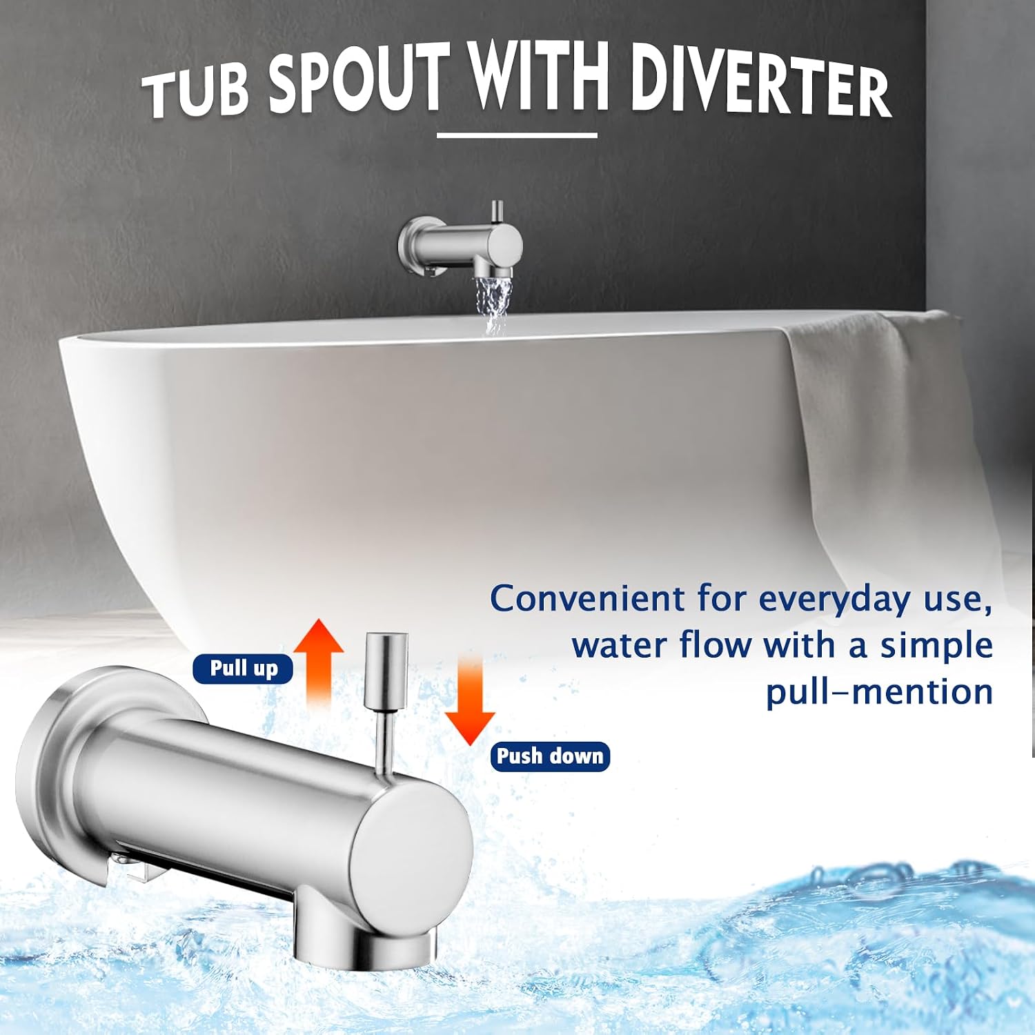 Slip on Tub Spout with Diverter Universal Tub Diverter Spout for 1/2" Copper Water Pipe, Brushed Nickel