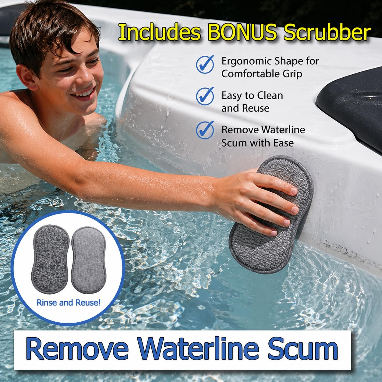 The Skimmie Scoop - Skimmer de mano patentado con red de malla fina para spa, jacuzzi y limpieza de piscinas pequeñas, ligero y duradero con potente ventosa, cabe en el compartimento del filtro