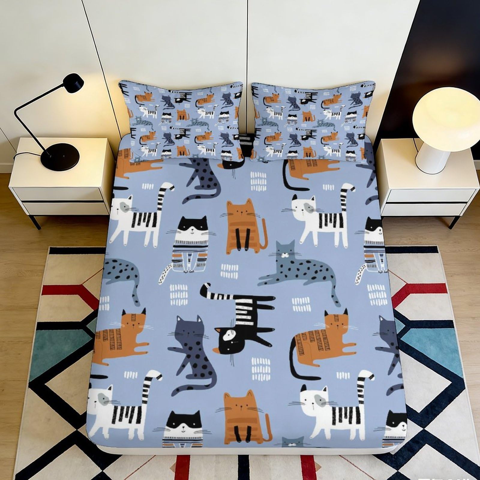3D Printed Cartoon Cat Fitted Sheet Microfiber Non-Slip Deep Pocket Bedroom Bedding Cartoon Cat Mattress Fitted Cover Wrap Washable 120x200x25cm