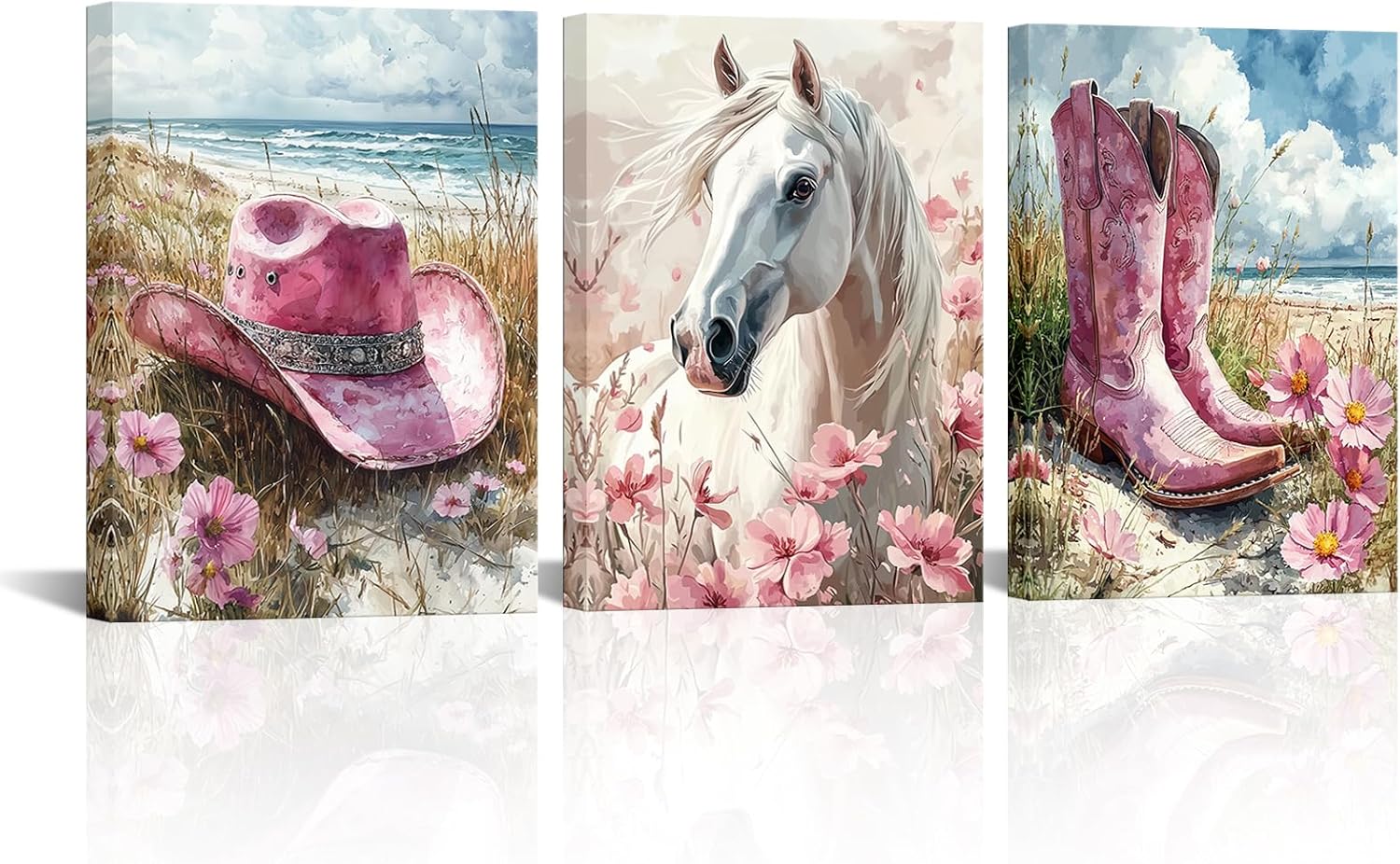 LyerArtork 3 Pieces Pink Western Wall Art Canvas Prints Coastal Cowgirl Room Decor Flower Horse Hat Boots Pictures Trendy Preppy Girls Dorm Bedroom Aesthetic Painting Wall Decor 12x16inchx3
