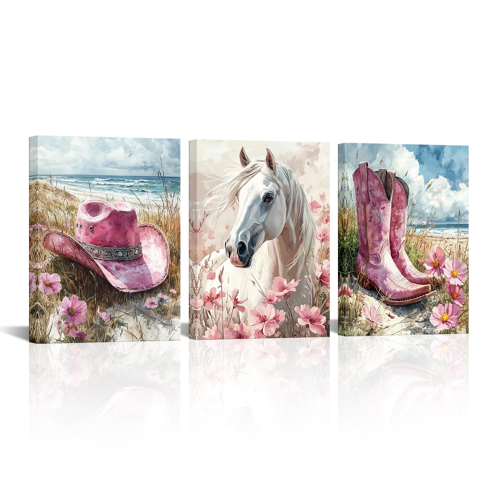 LMYSXAOZ 3Pcs Unframed Pink Western Wall Art Canvas Prints Coastal Cowgirl Room Decor Flower Horse Hat Boots Pictures Trendy Preppy Girls Dorm Bedroom Aesthetic Painting 12x16inch