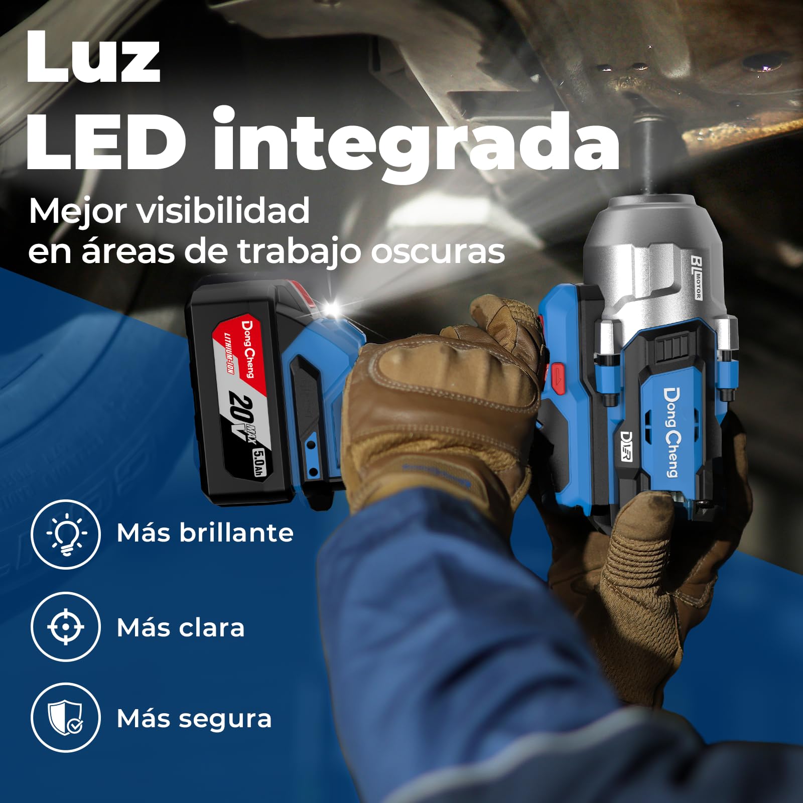 DongCheng Llave de impacto a batería, 1700 Nm Incluye 1 batería 5Ah | sin escobillas 1/2" , 3 velocidades , cargador rápido, 3 dados y maletín. Para reparación de camiones y maquinaria pesada