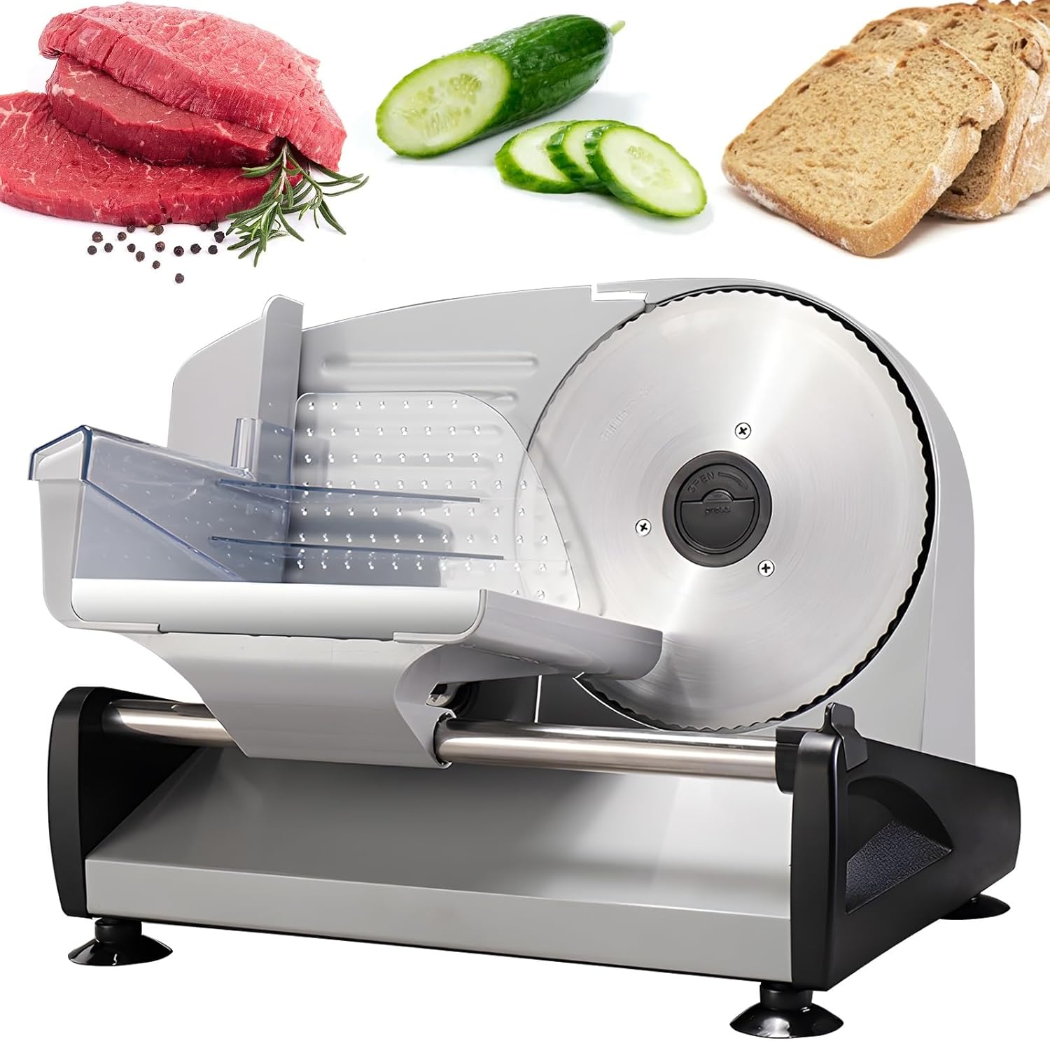 Electric Meat Slicer - 200W Stainless Steel Blade, Adjustable Thickness 1-15mm, Versatile for Home & Commercial Use, Safe Non-Slip Design, Easy to Clean (Grey)