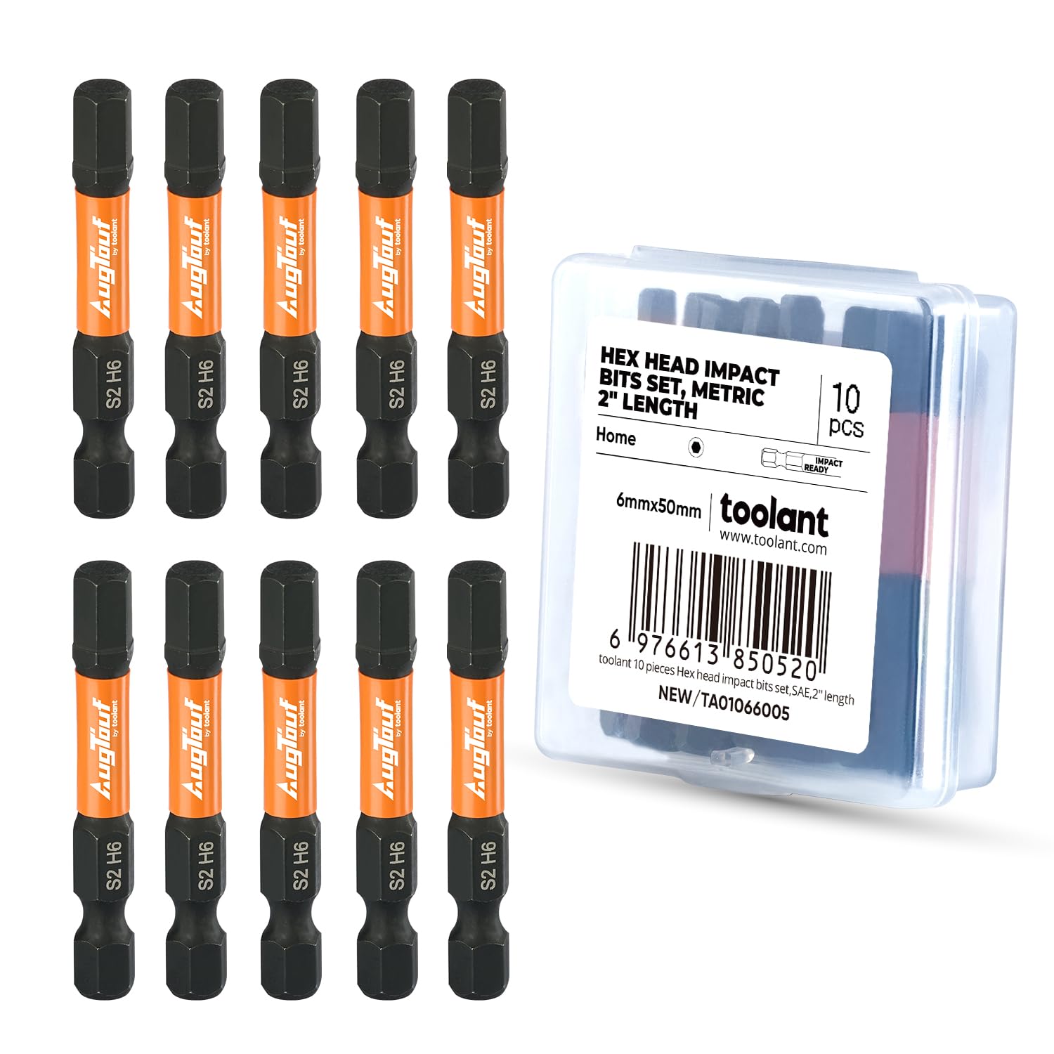 toolant 6mm Impact Hex Bits Set 10pcs, 1/4” Hex-Shank Allen Wrench Drill Bit Set,S2 Steel, CNC Machined Tips with Magnetism, 2” Long with Storage Box