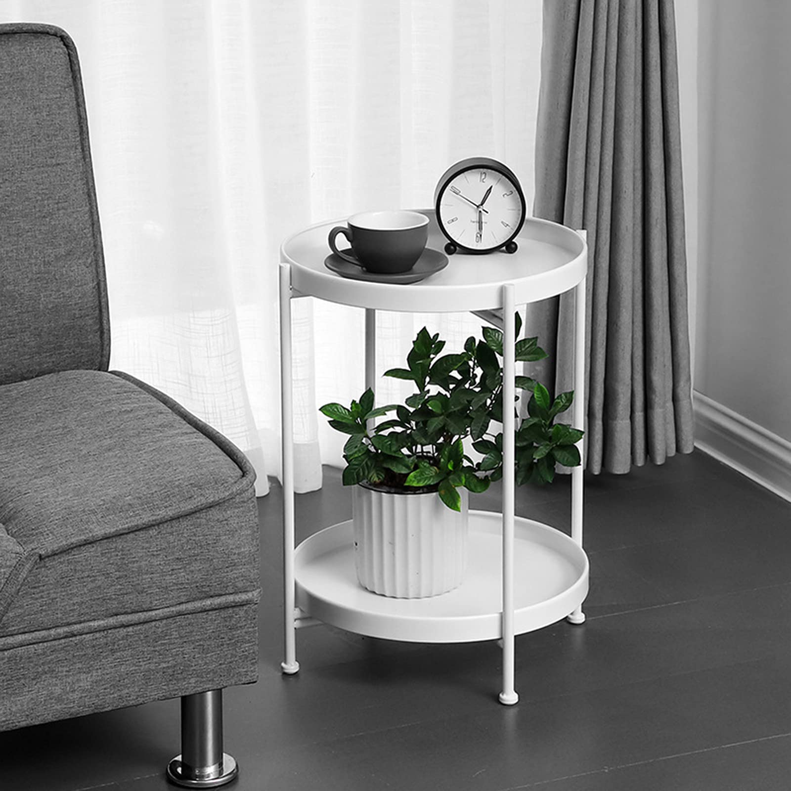 Side Table, 2-Tier Round Metal Side Table Removable Tray, Circle Coffee Table Indoor/Outdoor, Sofa Side Snack Table,White