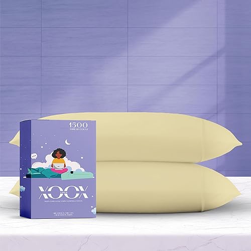 XOOX Linen Juego de 2 fundas de almohada 100 % algodón egipcio, lujosas fundas de almohada de 1500 hilos de satén color beige, sedosas, suaves y