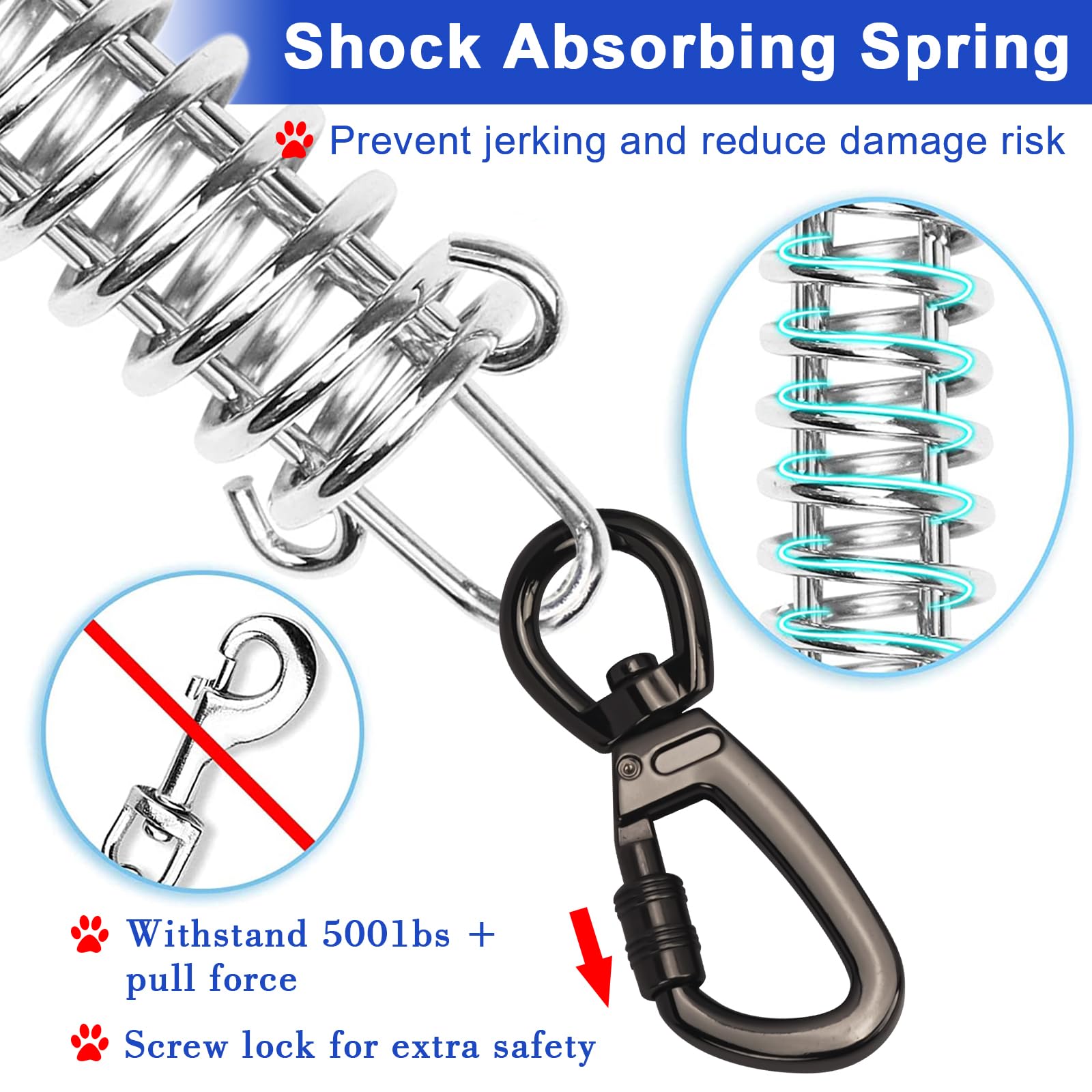 Cable de amarre azul para perros con gancho giratorio de resorte, cadenas de perro resistentes para exteriores, correas de cable para patio, camping, para perros de hasta 500 libras (3 m)