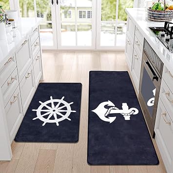 YunTu 2 Piece Nautical Kitchen Mats and Rugs Set, Navy Blue Anchor & Ship Wheel Helm Design, Non-Slip Washable Absorbent Floor Mats, Anti-Fatigue Runner Rug for Kitchen Sink