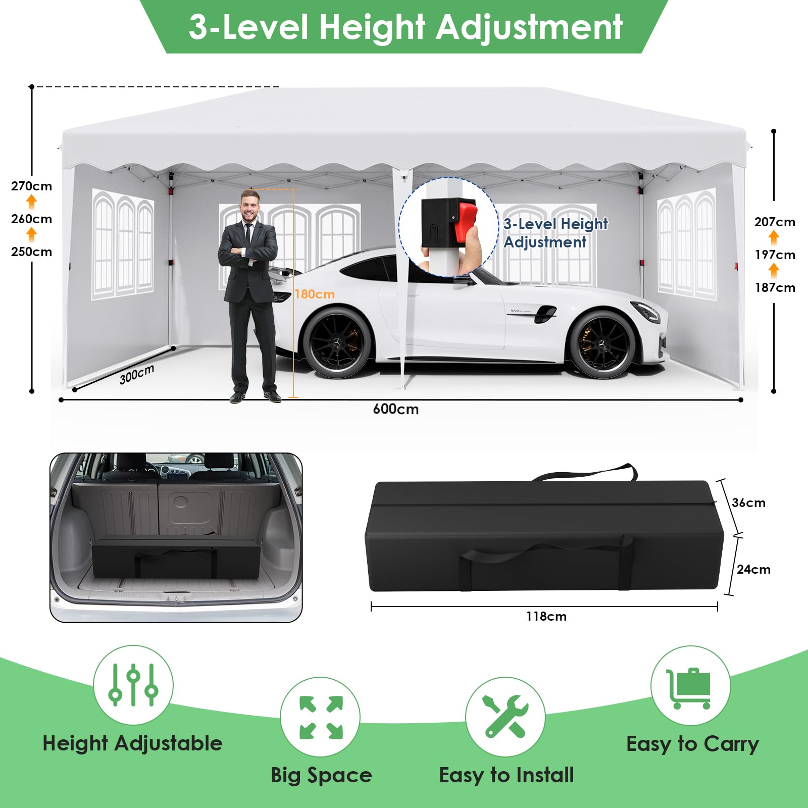 Carpa Plegable 3x6, Cenador 3x6, Carpas para Exteriores con 6 Paneles Laterales, con Bolsa de Almacenamiento, 420D Oxford, Impermeable, Protección UV 50+, para Jardin, Camping, Playa, Patio, Blanco