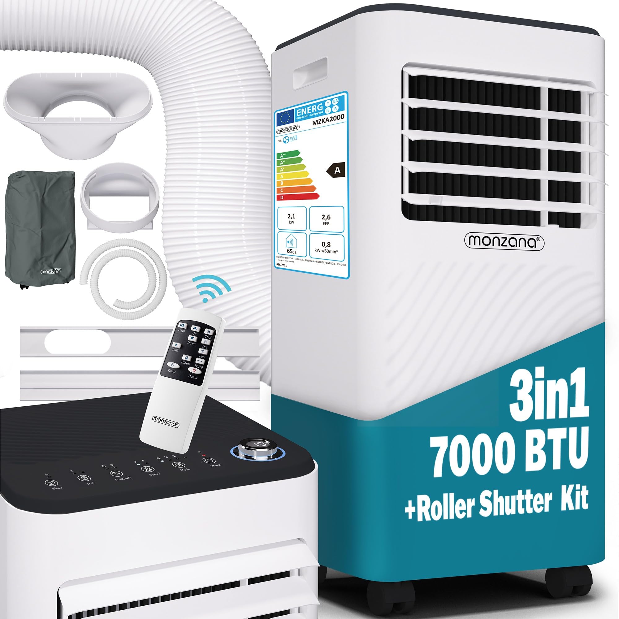 Monzana Multicoloured Monzana® 3In1 Portable Air Conditioning Unit | 24H Timer | Sleep Mode | Remote Control | Dehumidifier | Air Conditioner Cooler Fan With Exhaust Hose | 7000Btu | 750W