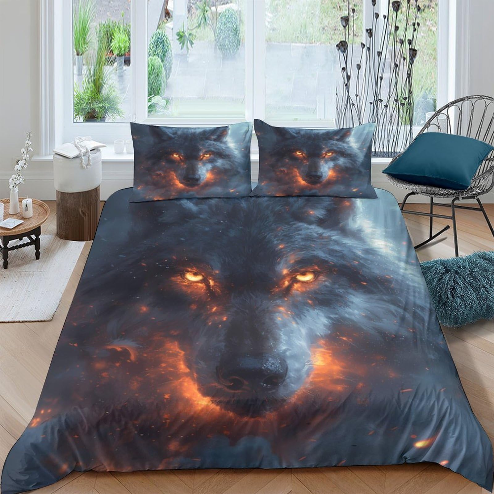 Ctjqhvkz Style-6 3D Printed Fiery Wolf Fitted Sheet Microfiber Soft Breathable Dark Forest Mattress Cover For Bedroom Dorm Decor Single（135X200cm）