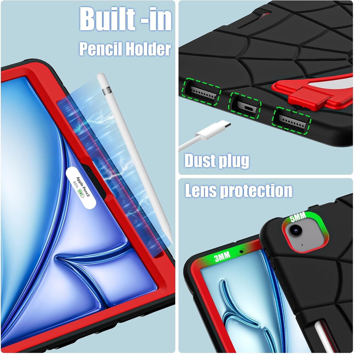 Tablet PC Bags Cases Sleeves Kids Friendly Case Tablet Case Compatible with iPad Air 11 Inch Case (2024),Lightweight TPU+PC Shockproof Protective Case with Kickstand(Black+red)