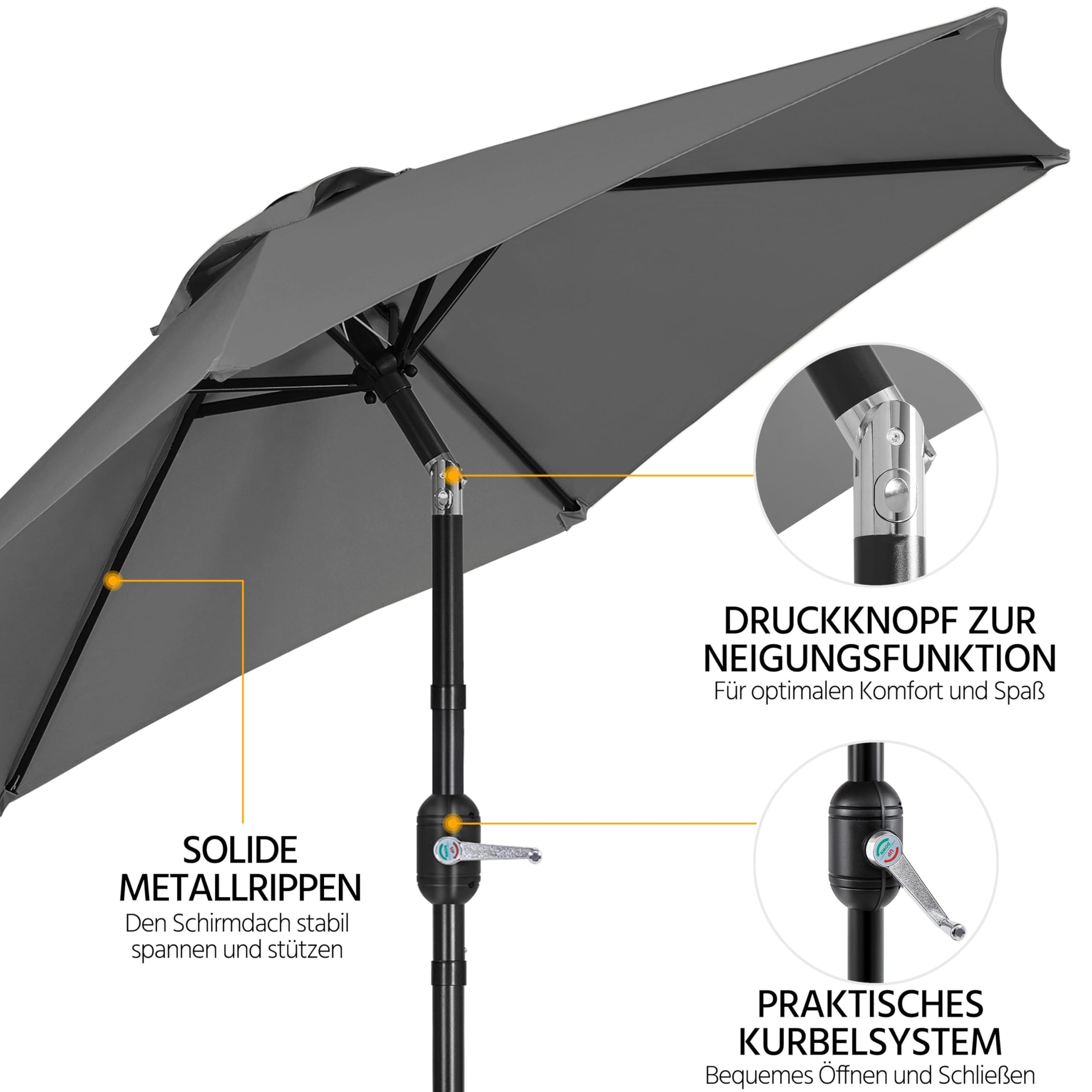 Yaheetech Sonnenschirm 226 cm Rund Gartenschirm mit Kurbel UV Schutz Terrassenschirm Neigbar Kippbar Kurbelschirm UPF 50+ für Balkon/Terrasse/Markt/Garten, ohne Ständer, Grau