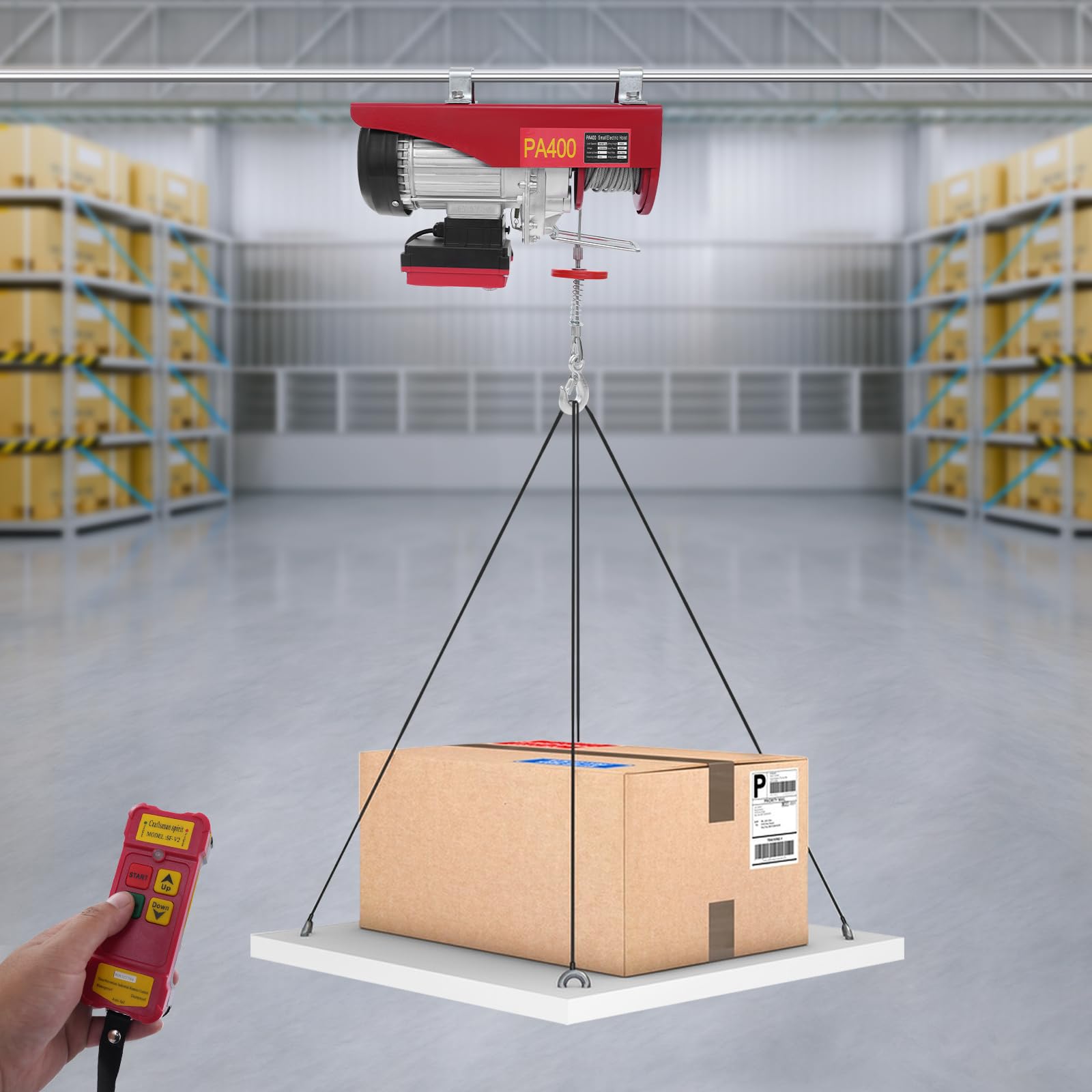 Cabrestante eléctrico, capacidad de carga de 200 kg hasta 400 kg, altura de elevación de 12 m, 850 W, polipasto eléctrico, cabrestante con mando a distancia, velocidad de elevación de 10 m/min