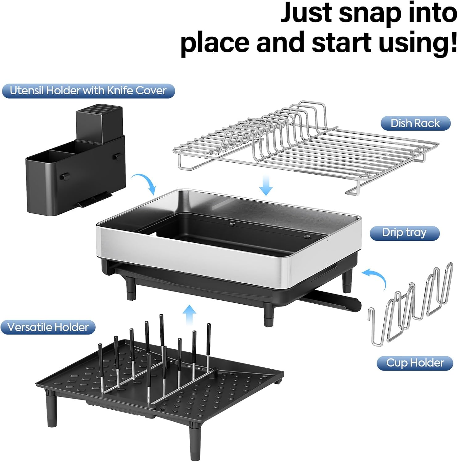 Dish Drying Rack for Kitchen Counter - Stainless Steel Dish Drainer with Drain Board, Removable Utensil Holder, Rust-Proof Plate, Non-Slip Feet, Large Capacity for 10 Plates 6 Bowls 4 Cups