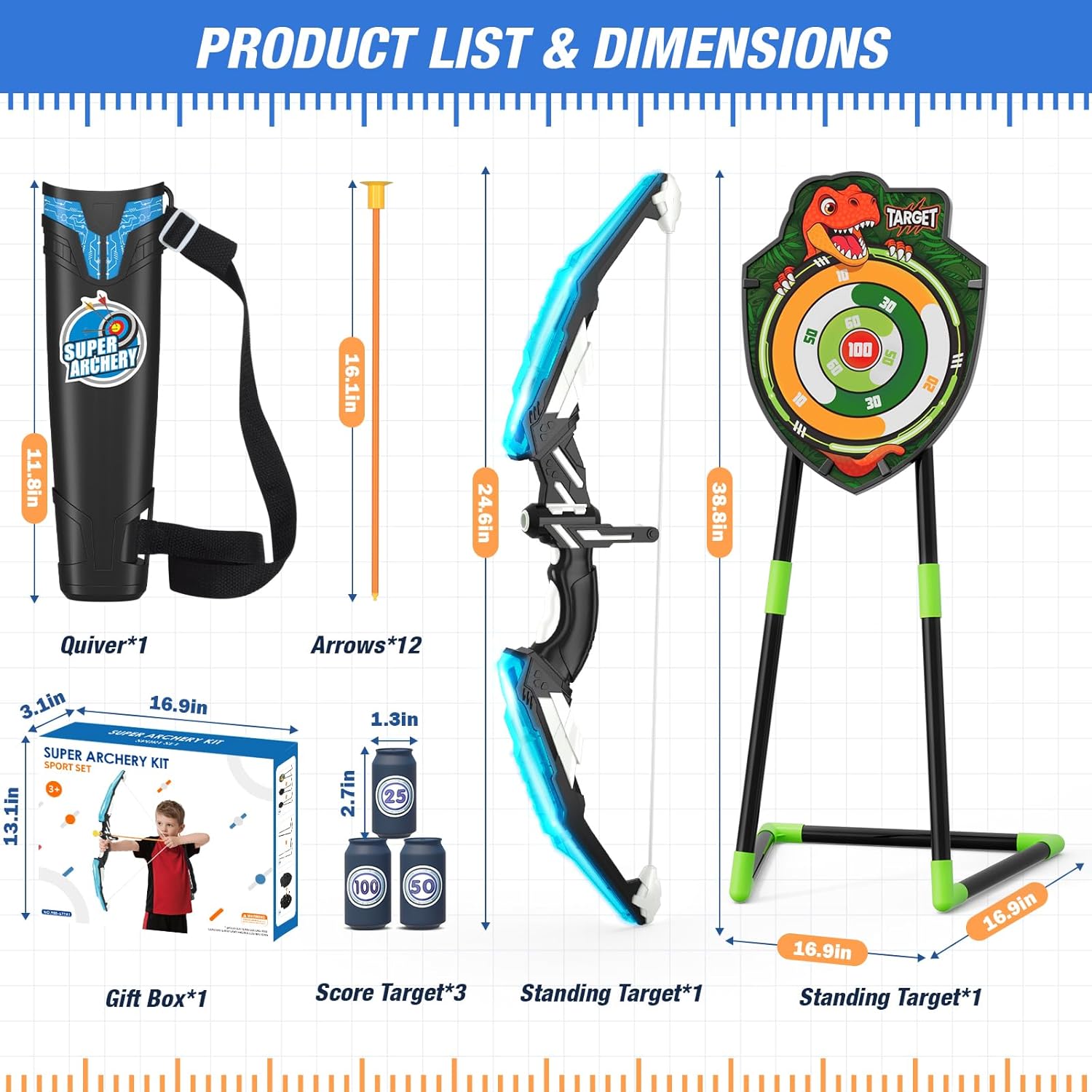 Bow and Arrow for Kids, LED Light Up Archery Set with 12 Suction Cup Arrows, 1 Standing Target, 3 Score Targets & 1 Quiver, Indoor Outdoor Sport Gifts for Boys Girls Ages 4-12, Blue