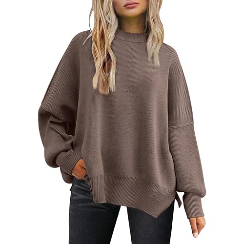 LILLUSORY Women's Crewneck Batwing Long Sleeve Sweater 2023 Fall Oversized Ribbed Knit Side Slit Pullover Top