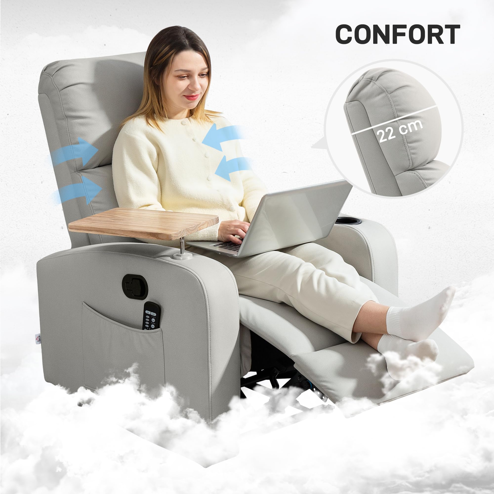 HOMCOM Sillón de Masaje con 8 Puntos de Masaje Sillón Relax Eléctrico Sofá Relax con 4 Modos Reclinación 145° Mando a Distancia Mesita 2 Bolsillos Laterales y Posavasos 77x93x105 cm Gris Claro