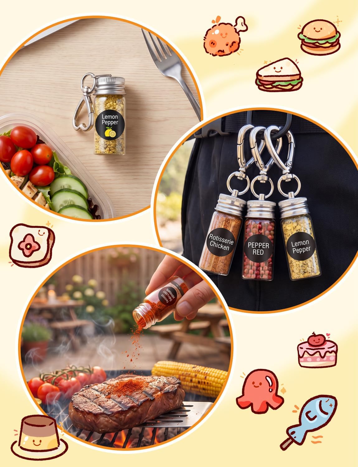 Mini Seasoning Bottles Keychain, 12Pcs (8Pcs Empty Refillable Glass Bottle) image 4
