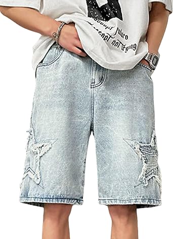 Mens Denim Shorts Y2k Baggy Star Jorts Hip Hop Star Jeans Shorts Y2k Fashion Streetwear Jeans