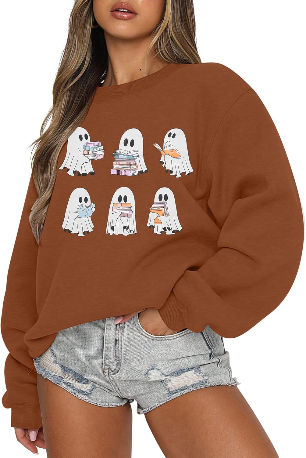 UNIQUEONE Halloween Sweatshirts for Women Ghost Reading Books Sweater Cute Spooky Bookish Shirt Fall Pullover Tops - Image 2
