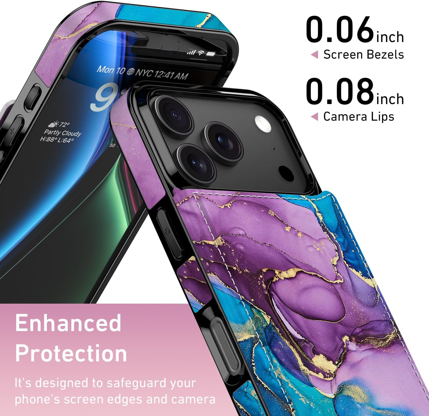 Goodon for iPhone 17 Pro Case Wallet - Flip Folio Leather Cover with Trendy Floral Design, 3 Card Slots & Kickstand Function, Stylish Protective Phone Case for Women and Girls - Teal Purple Marble - Image 3