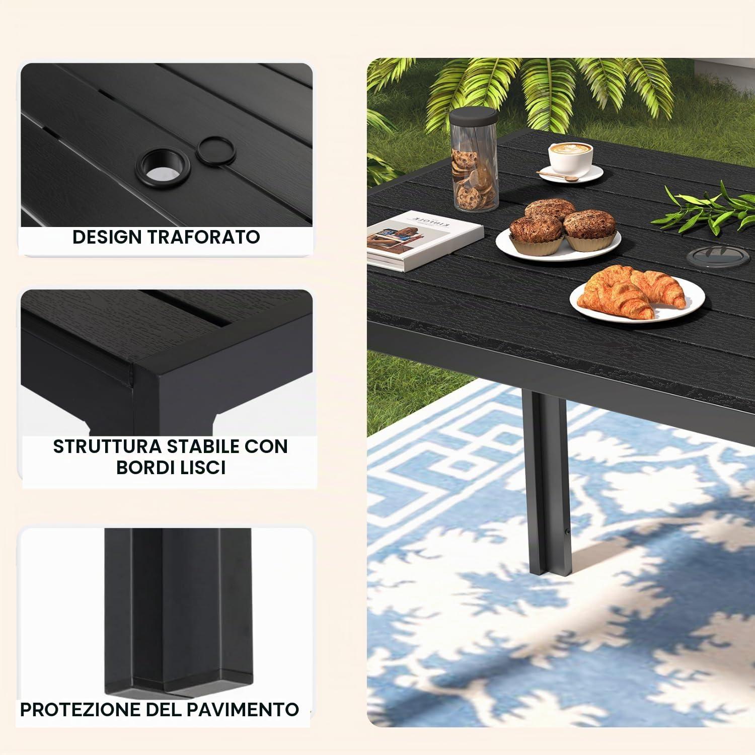 Clevich Tavolo da pranzo da giardino con foro per ombrellone, 110 x 70 x 73 cm, resistente alle intemperie, con piano a doghe in WPC, telaio in alluminio, tavolo rettangolare per balcone/cortile