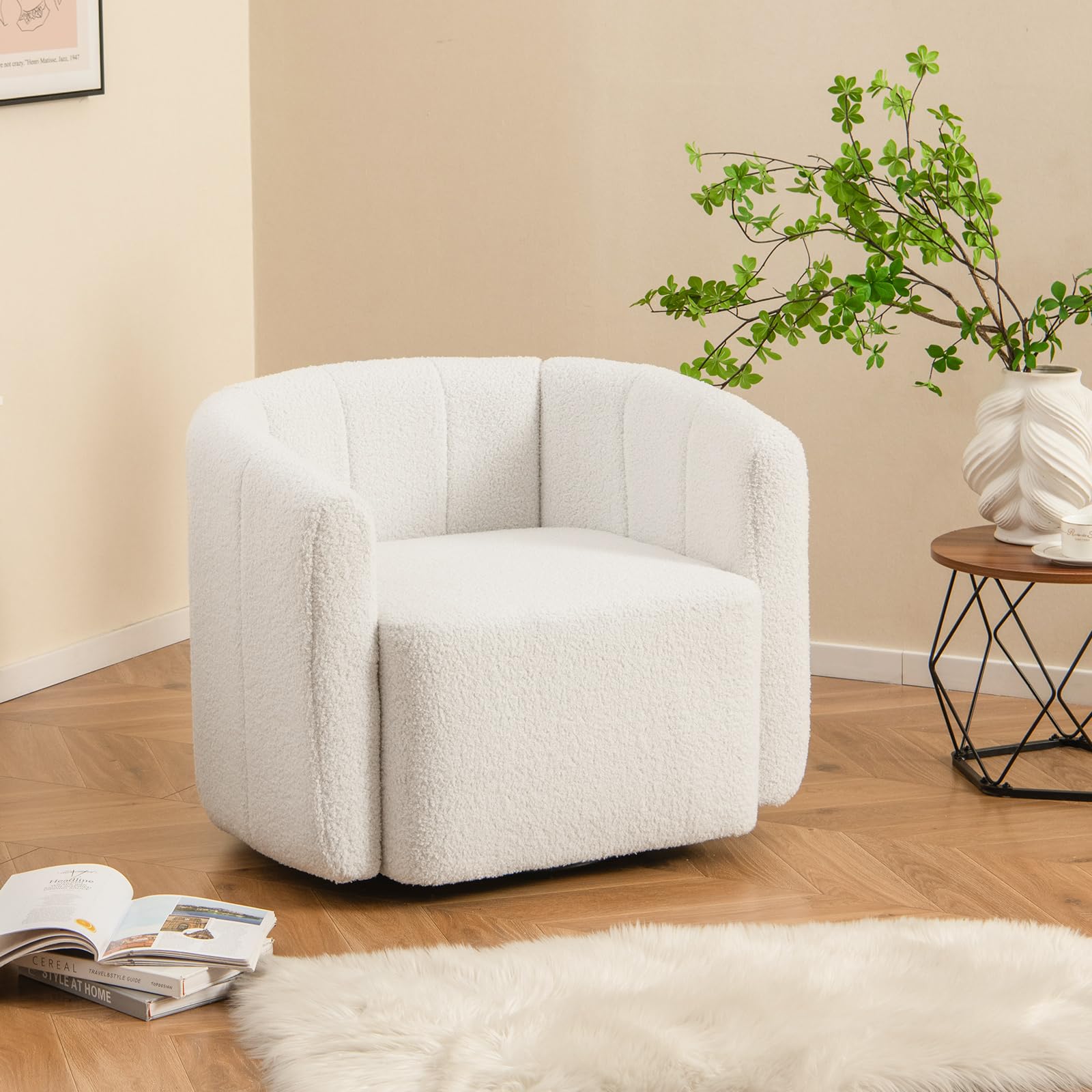COSTWAY Sillón de Salón Giratorio 360°, Sillón para Leer Tapizado en Sherpa con Respaldo Curvado y Descansabrazos, Sillones Modernos de Salón con Forma de Calabaza para Sala de Estar, Dormitorio