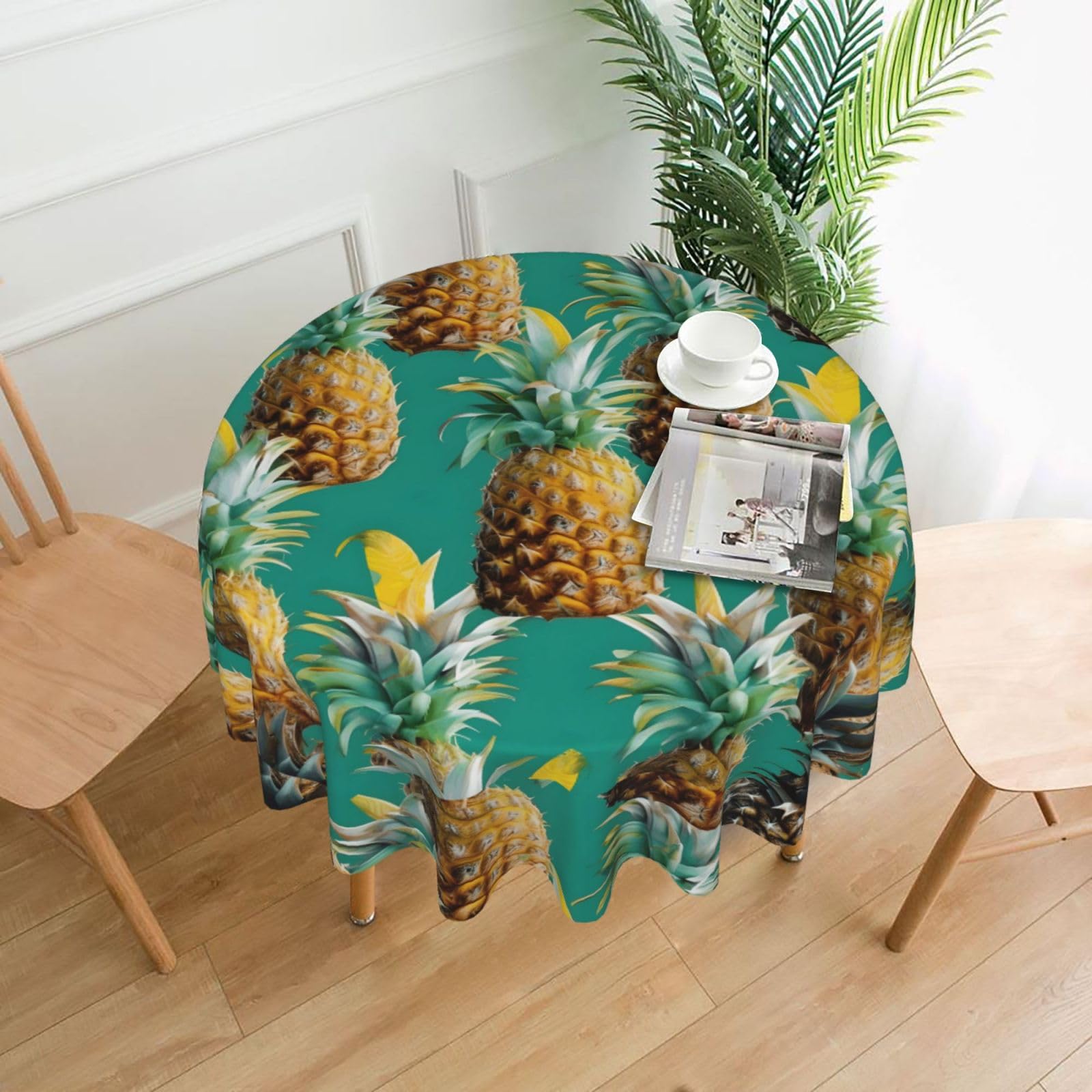 Nbtghga Tropical Pineapple Hawaiian Print Tablecloth Round Border Table Cloth Cover Decorative For Party Holiday Dinning Tabletop Home