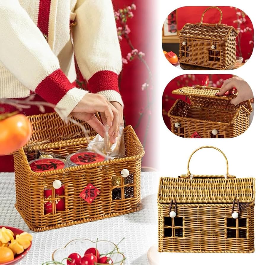 Rattan House Shaped Basket With Lid With Folding Handle For Picnics, Easter, Organizing, Storage | PH