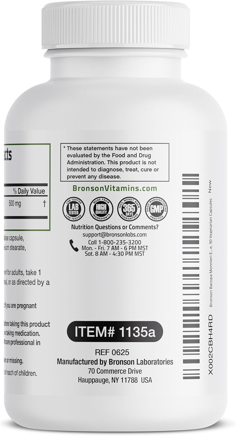Bronson Bacopa Monnieri Extract 500 mg - Promotes Mental Clarity and Brain Function - Non GMO, 90 Vegetarian Capsules - Image 6