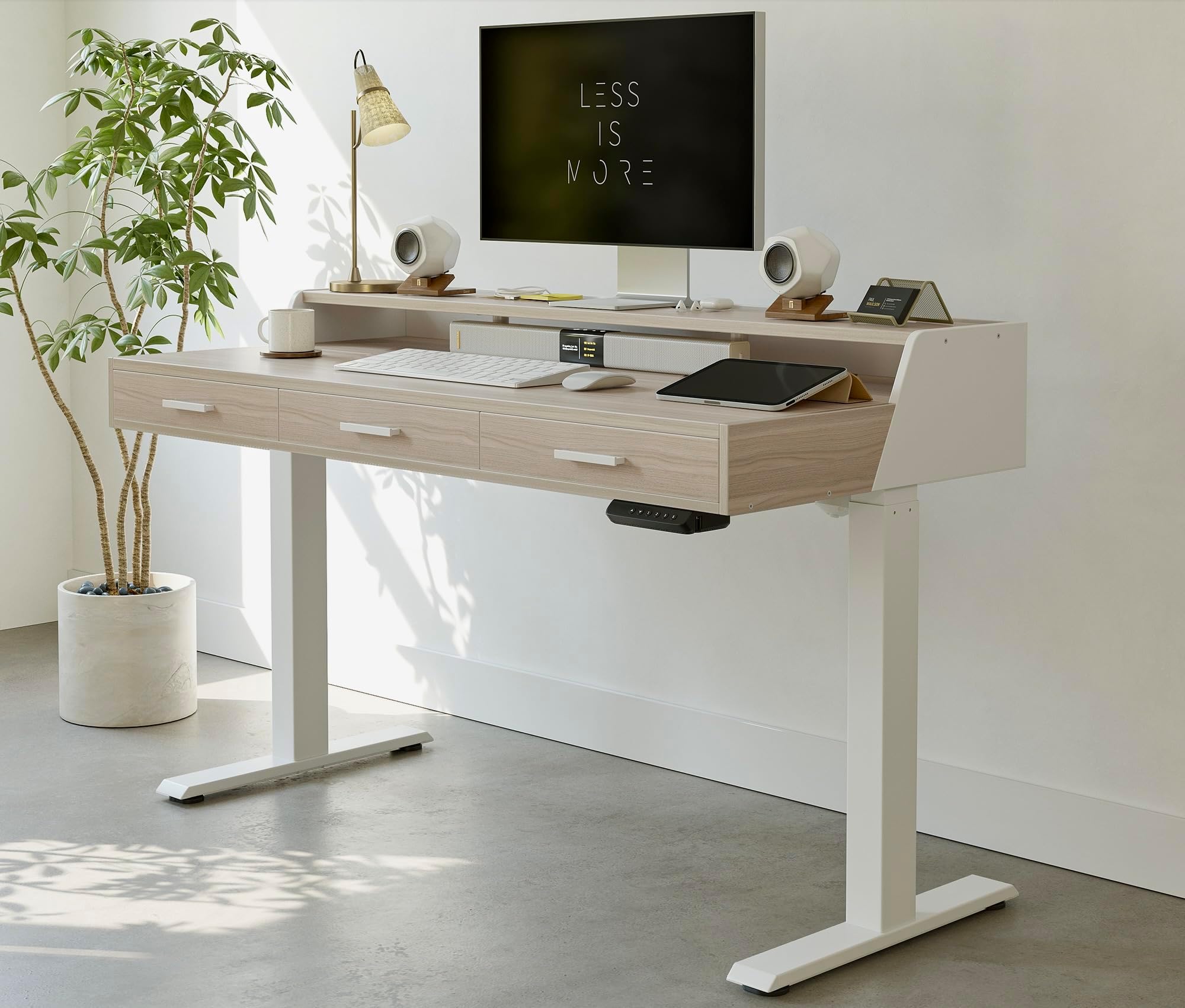 Electric Standing Desk with Drawers, 55x26 Inch Standing Desk Adjustable Height, Stand Up Desk with Monitor Shelf, Sit Stand Home Office Desk, Light Walnut