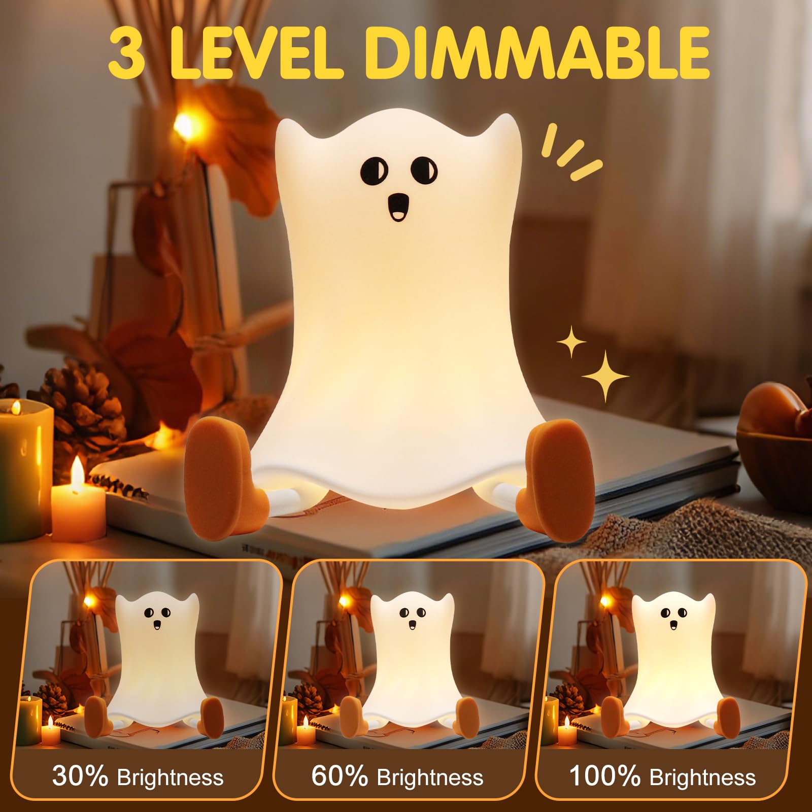 Ghost Night Light Silicone Cute Halloween Ghost Decor Night Light for Breastfeeding Squishy Ghost Nightlight Cordless Rechargeable Dimmable Touch Fun Bedside Light Lamp for Halloween Gifts