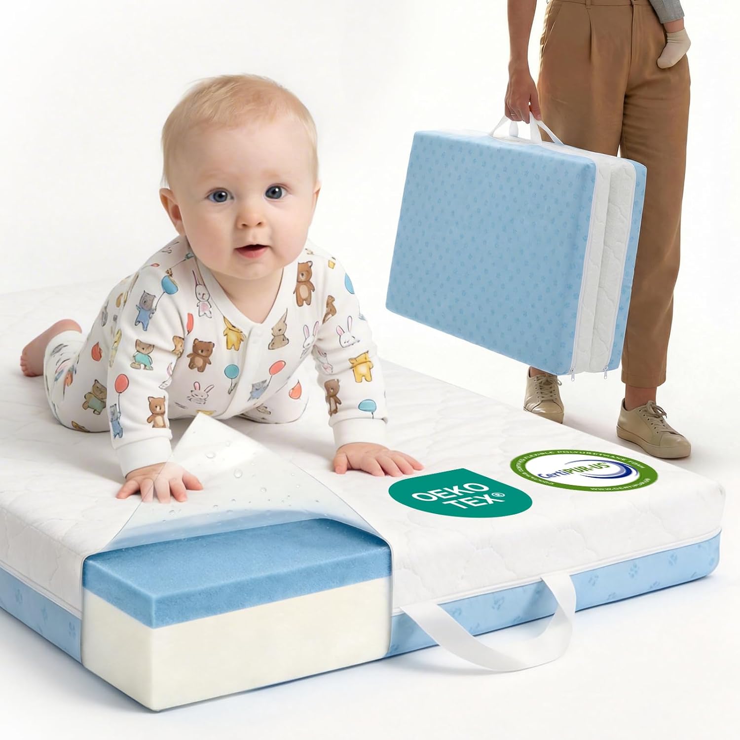 Bi-Fold Pack and Play Mattress, 3 Inch Thick Soft & Firm Memory Foam Breathable Portable Pack n Play Mattresses, Baby Playpen Mattresses with Removable Washable Cover 38x26x3 Inch - Blue