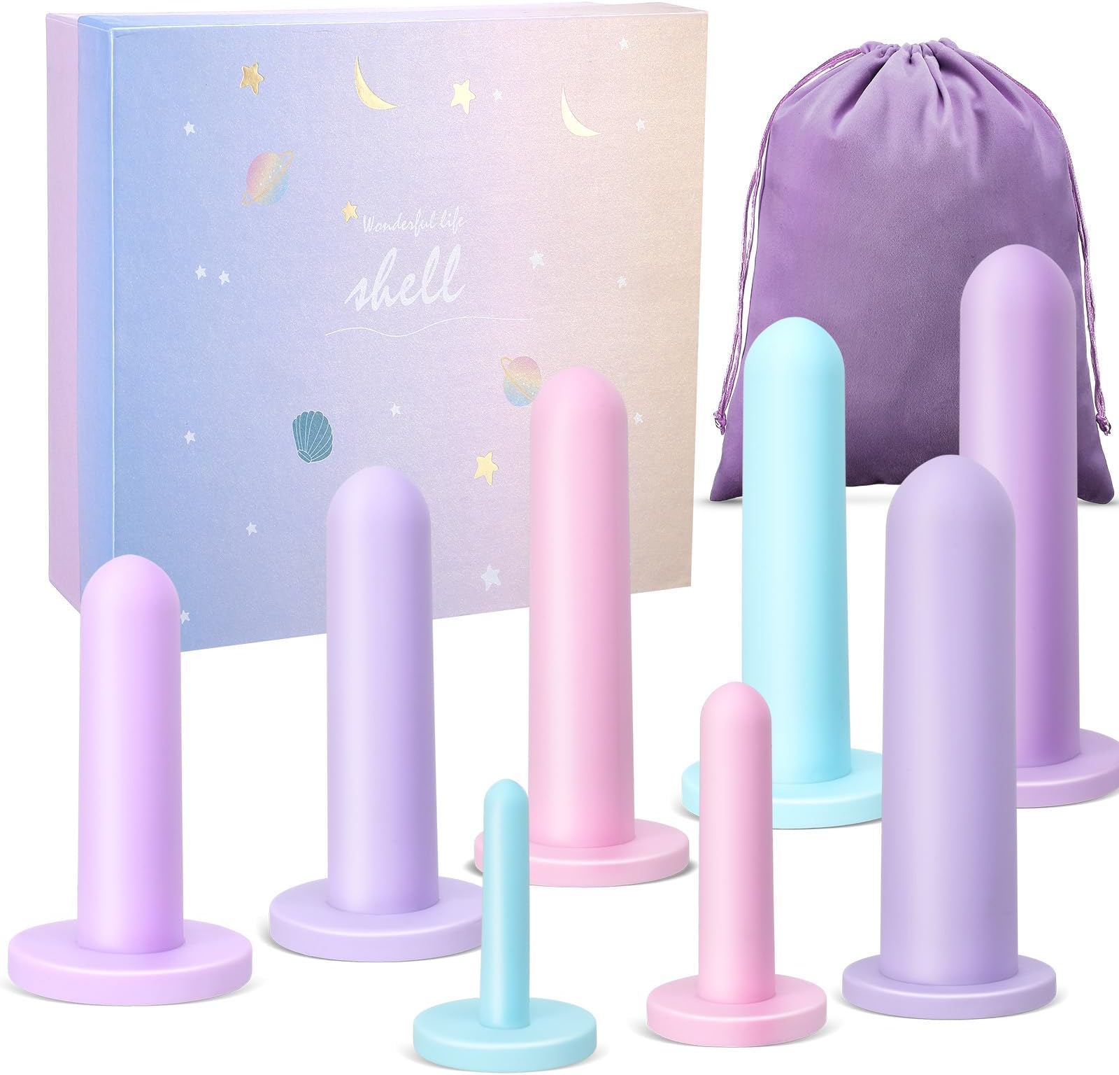 Geiserailie 8 Pcs Silicone Pelvic Floor Strengthening Device Fitness and Kegel Exerciser Set Muscle Trainer Exerciser Stretcher with Bag and Box for Women, 8 Different Sizes(Gentle Color)