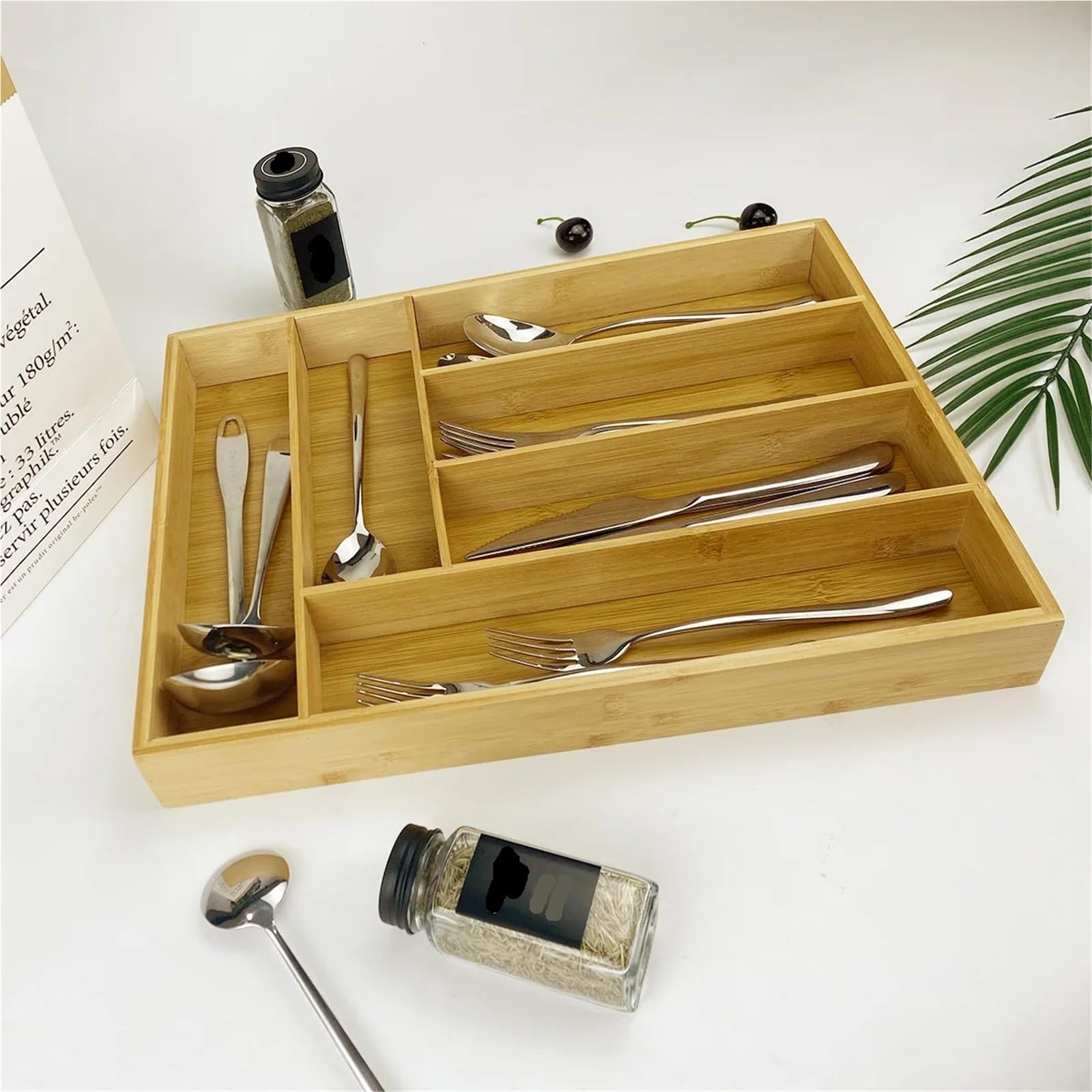 Cubertero Cajon Bandeja de cajón expandible, organizador cubiertos, utensilios cocina, cucharas, cuchillos, bandeja almacenamiento bambú