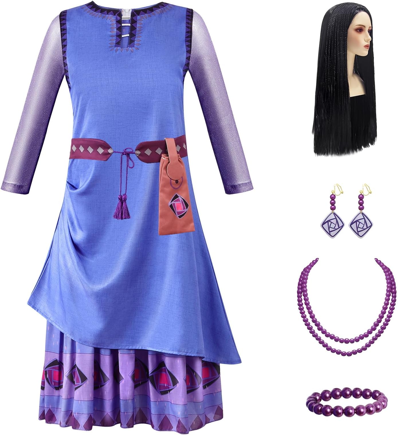 Mcgeeney Wish Asha Dress - Princess Asha Costume for Girls 3-12 - Dress Up Set with Wig, Belt, Pouch, Necklace and Earrings