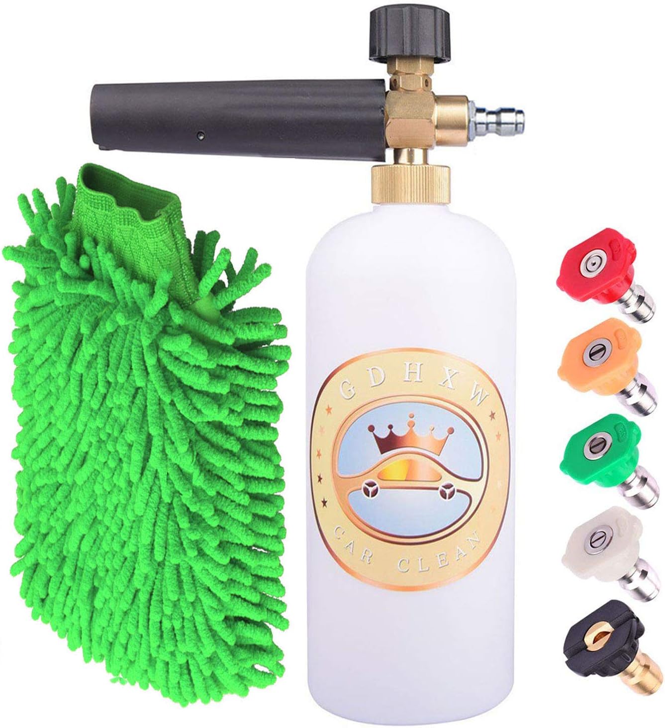 GDHXW X-778 Adjustable Foam Cannon 33 oz. 1L Bottle Snow Foam Spray Gun, 1/4 Fast Connector Foam Burst Device, 5 Pressure Cleaning nozzles, Cleaning Gloves.