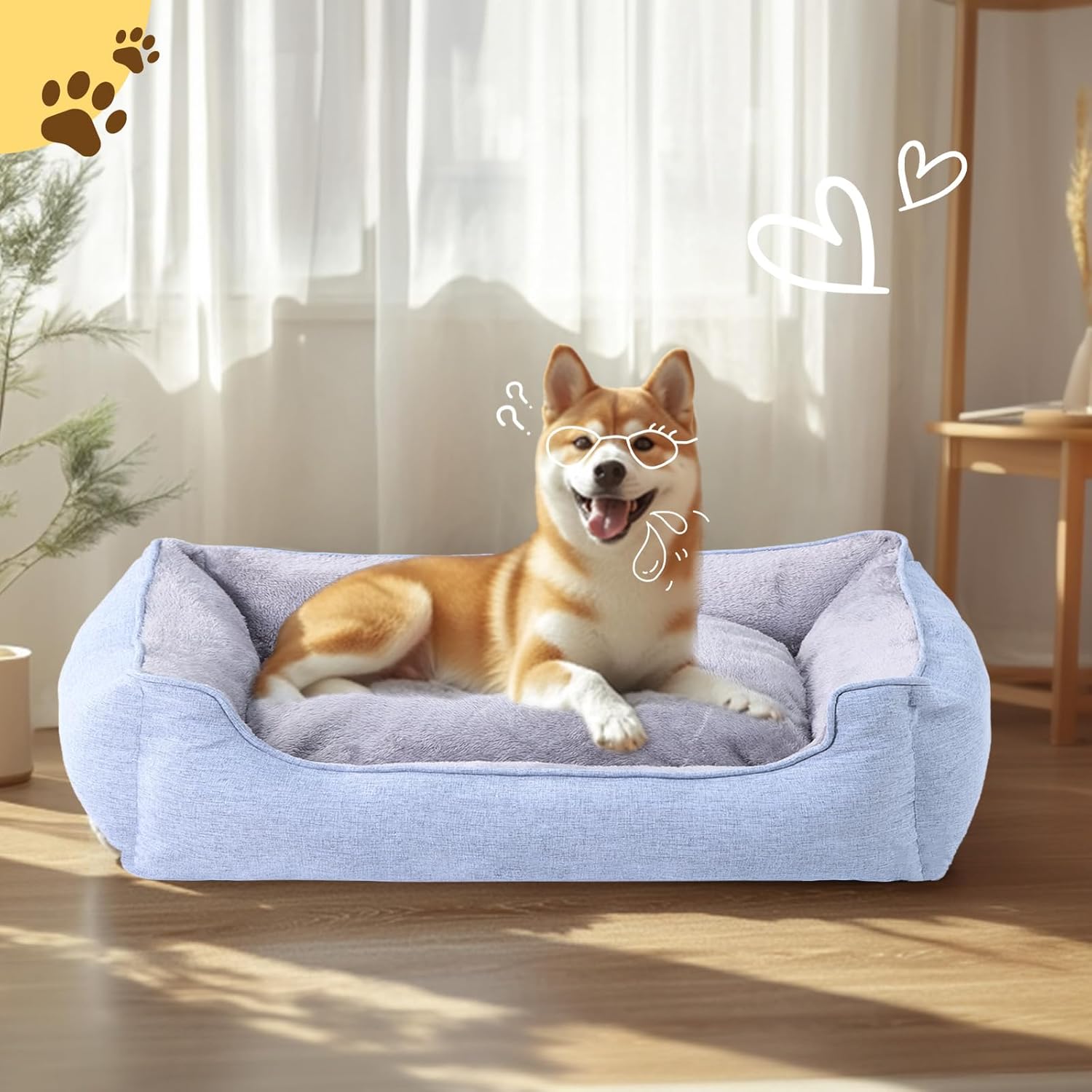 Rectangle Dog Bed for Large Medium Small Dogs Washable Pet Bed with Bolster Sides Non-Slip Bottom Pet Sofa Waterproof Lining Durable Pet Cuddler, Sky Blue, 33x 26x 7.5