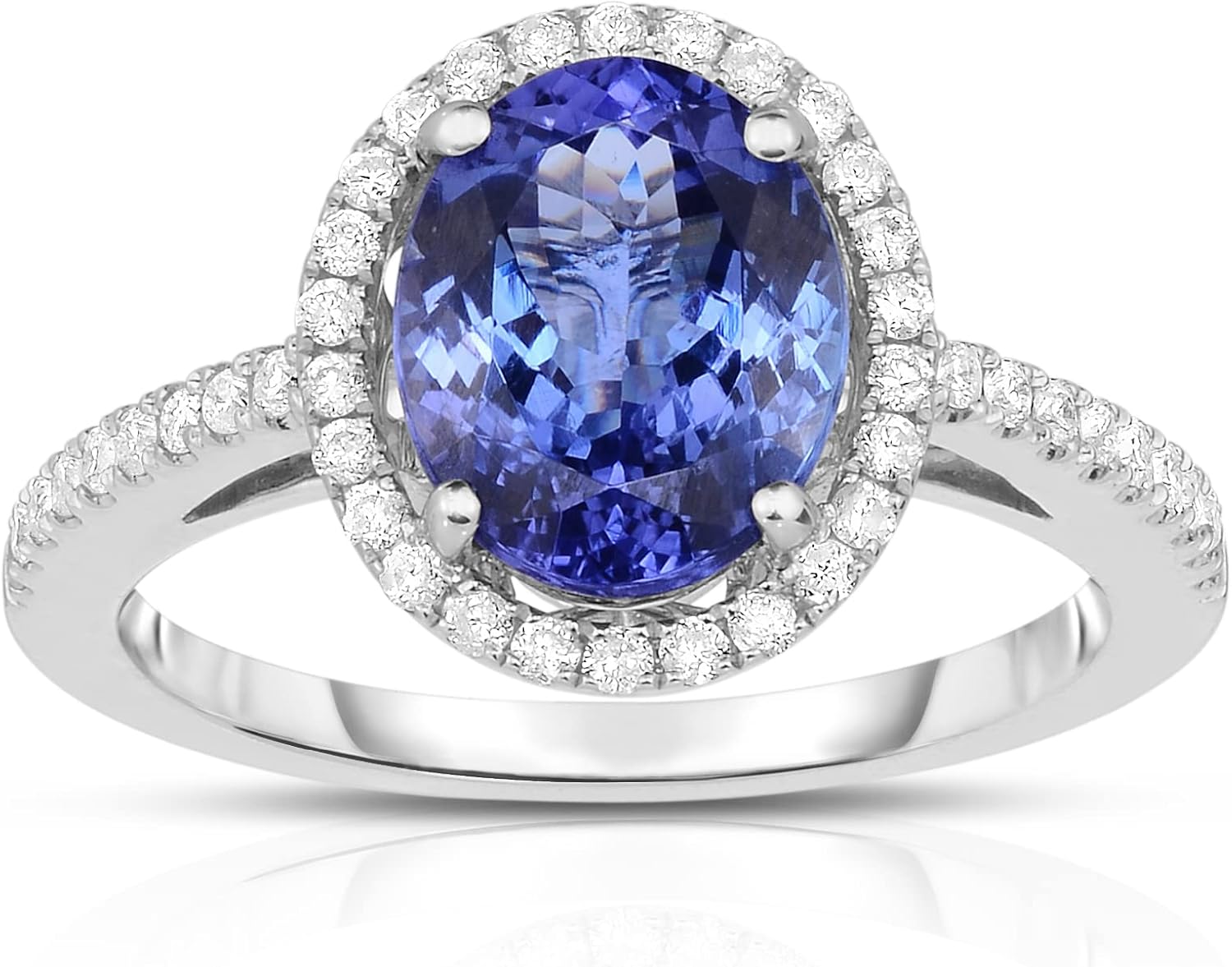 18K White Gold Genuine Tanzanite 3Ct Oval, Diamond Halo Ring. size 7