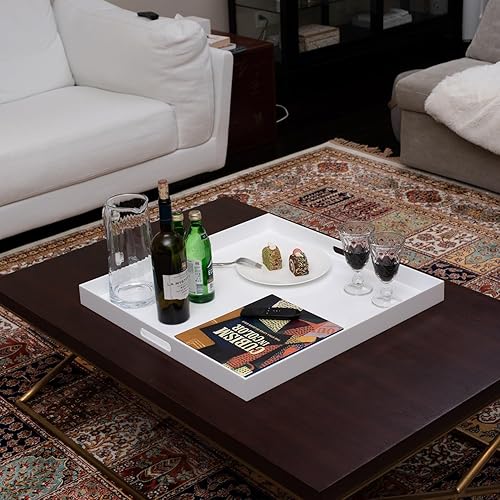 Miniatura 7 de Bandeja de cama extragrande extragrande tamaño King para comer, bandeja de servir de acrílico blanco brillante grande con asas, 24 x 24 pulgadas, a