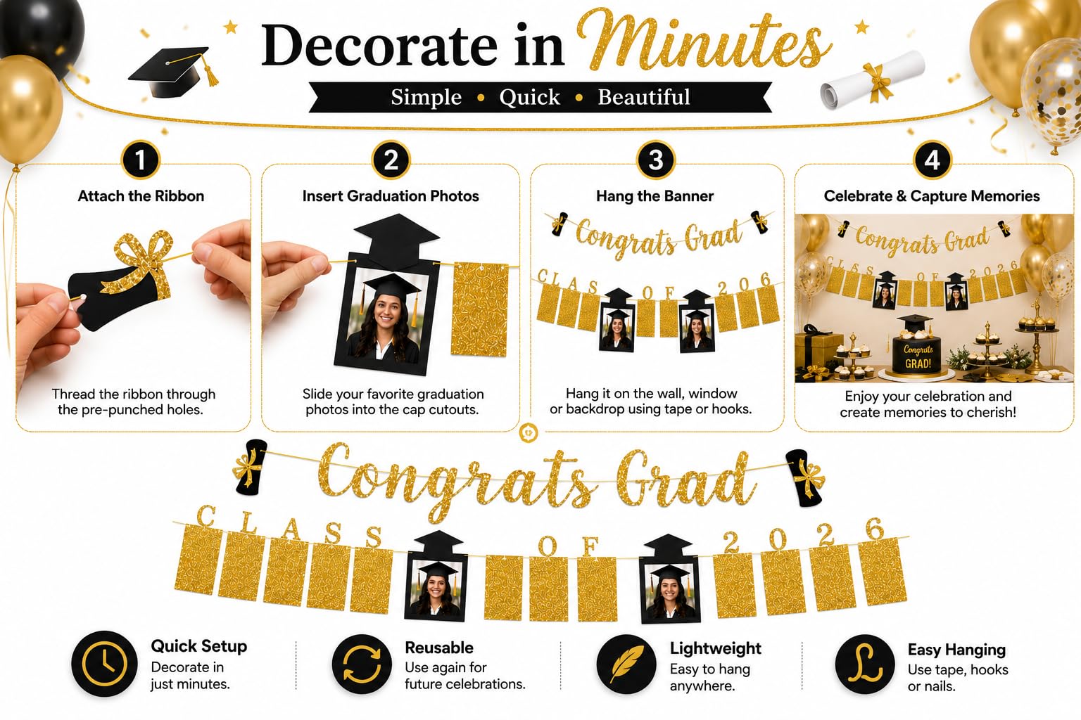 Festiko 2020 Graduation Decorations - Class of 2020 Photo Banner with Congrats Grad Gold Glitter Banner - High School College Graduation Party Supplies Banner 4