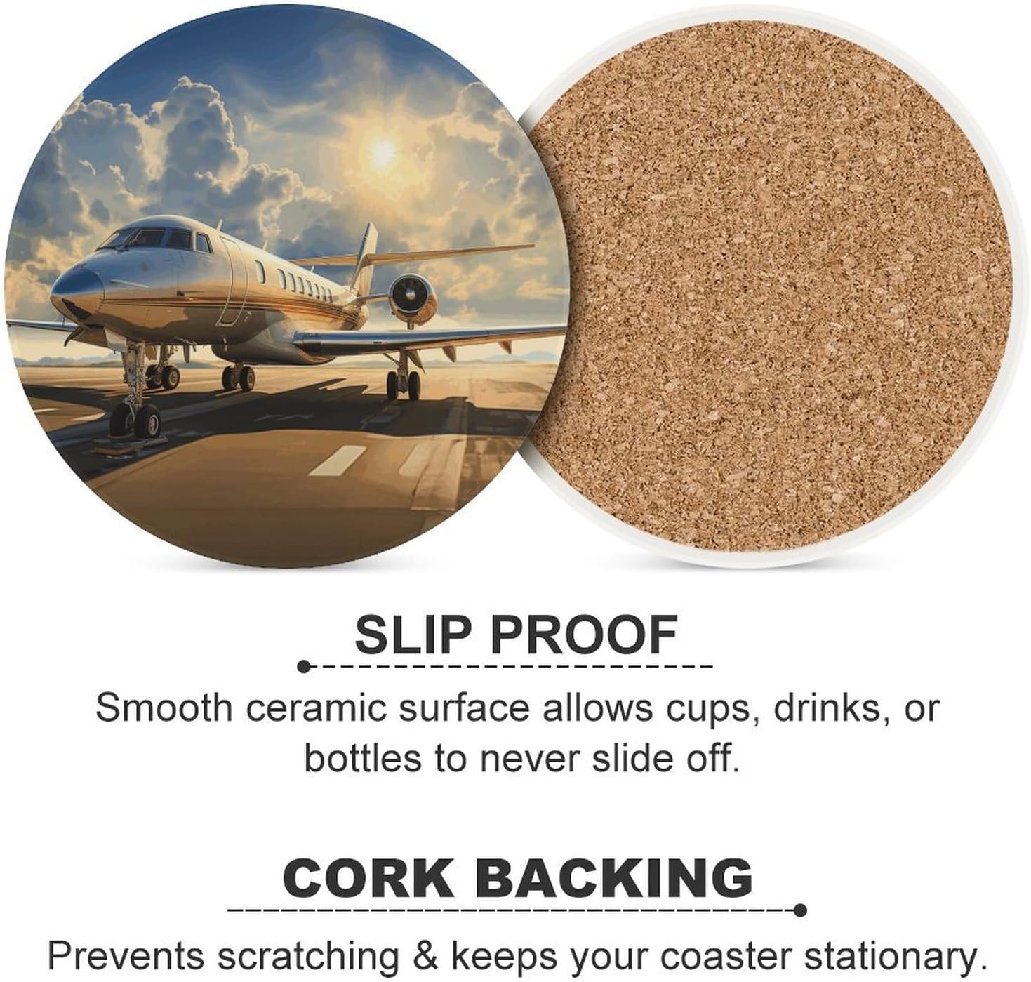 Private Plane Coasters for Drinks Absorbing Round Ceramic Stone Coaster with Cork Base Coffee Cup Beverage Table Cup Mat Modern Style Bar Coaster Set for Home Decor